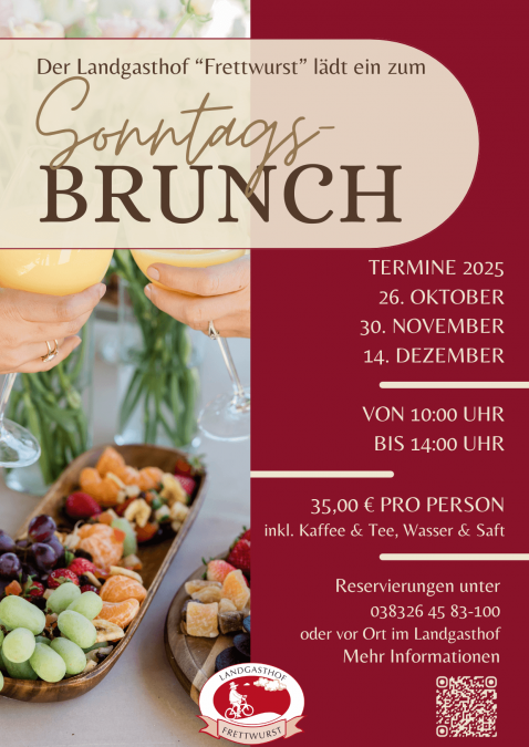 Brunch at Golfpark Strelasund Flyer with technical data - two hands with organ juice glasses, fruit, cheese and sausage specialties, &copy; Golfpark Strelasund