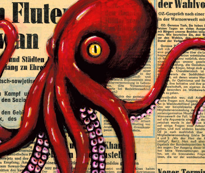 Auf einer historischen Ostseezeitung ist ein großer roter Krake aufgemalt. // © Ranko Strey Auf einer historischen Ostseezeitung ist ein großer roter Krake aufgemalt. // © Ranko Strey