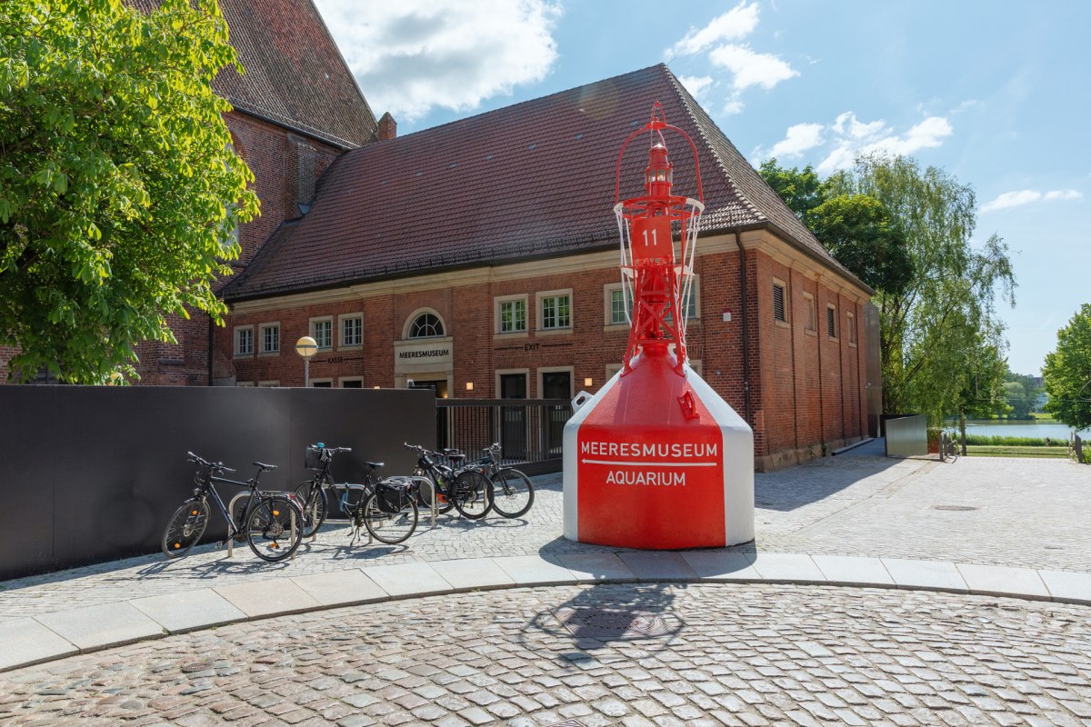 A red and white striped barrel, which once served as a navigation sign, stands at the accessible Bielkenhagen entrance. // © Anke Neumeister/Deutsches Meeresmuseum A red and white striped barrel, which once served as a navigation sign, stands at the accessible Bielkenhagen entrance. // © Anke Neumeister/Deutsches Meeresmuseum