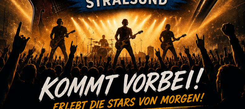Dynamisches Veranstaltungsplakat zum &bdquo;BATTLE OF THE BANDS Stralsund 2026&ldquo;. Zu sehen ist eine Rockband auf einer beleuchteten B&uuml;hne vor einem begeisterten Publikum. Das Design kombiniert schwarze, goldene und blaue Elemente mit Gitarren, Mikrofon, Fl&uuml;geln und Scheinwerfern. Im unteren Bereich stehen Veranstaltungsdatum, Ort und Eintrittspreis. // &copy; Felix Meyer / Battle of the Bands Stralsund &ndash; KI-generierte Grafik