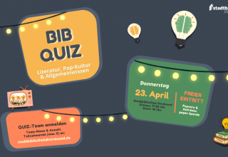 On a dark gray background are three banners on a string of lights, yellow, green and orange with the data for the BiB QUIZ // &copy; Stadtbibliothek Stralsund, Canva