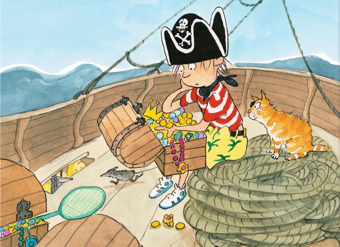 A little pirate searches through a treasure chest full of gold. Next to him sits an orange cat on a pile of ropes. They are all on a ship. // &copy; Stadtbibliothek Stralsund