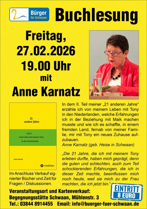 Poster boeklezing Anne Karnatz 27022026 12 cm lijst, &copy; B&uuml;rger f&uuml;r Schwaan e.V.