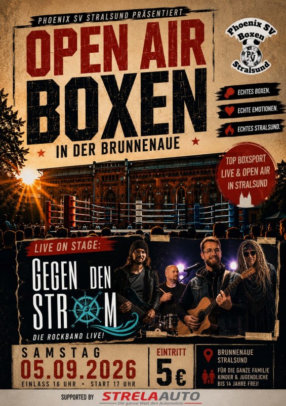Ekscytujące walki bokserskie i muzyka rockowa na żywo w wykonaniu zespołu „Gegen den Strom” – koncert plenerowy w Brunnenaue w Stralsundzie // © Phoenix SV Stralsund Ekscytujące walki bokserskie i muzyka rockowa na żywo w wykonaniu zespołu „Gegen den Strom” – koncert plenerowy w Brunnenaue w Stralsundzie // © Phoenix SV Stralsund