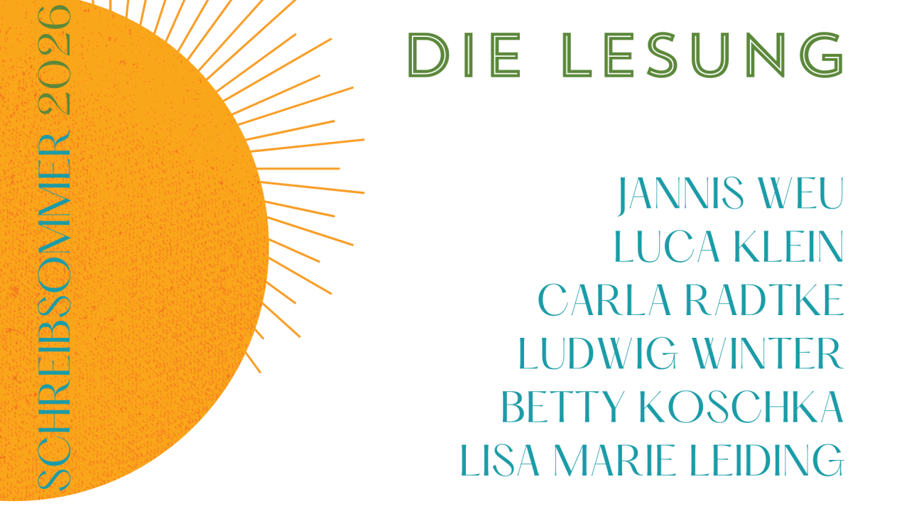 Sonne met de titel 'Schrijfzomer 2026' en de 6 deelnemende auteurs // © LiteraturRat M-V Sonne met de titel 'Schrijfzomer 2026' en de 6 deelnemende auteurs // © LiteraturRat M-V