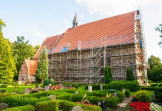 Cammin village church scaffolded - summer 2014, &copy; Frank Burger