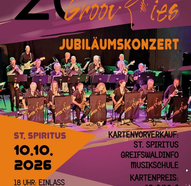 Plakat_10.10.2026_um 19:00_Uhr_Konzert_der_Big_Band_Groovties_im_St._Spiritus // © Big Band Groovties Plakat_10.10.2026_um 19:00_Uhr_Konzert_der_Big_Band_Groovties_im_St._Spiritus // © Big Band Groovties