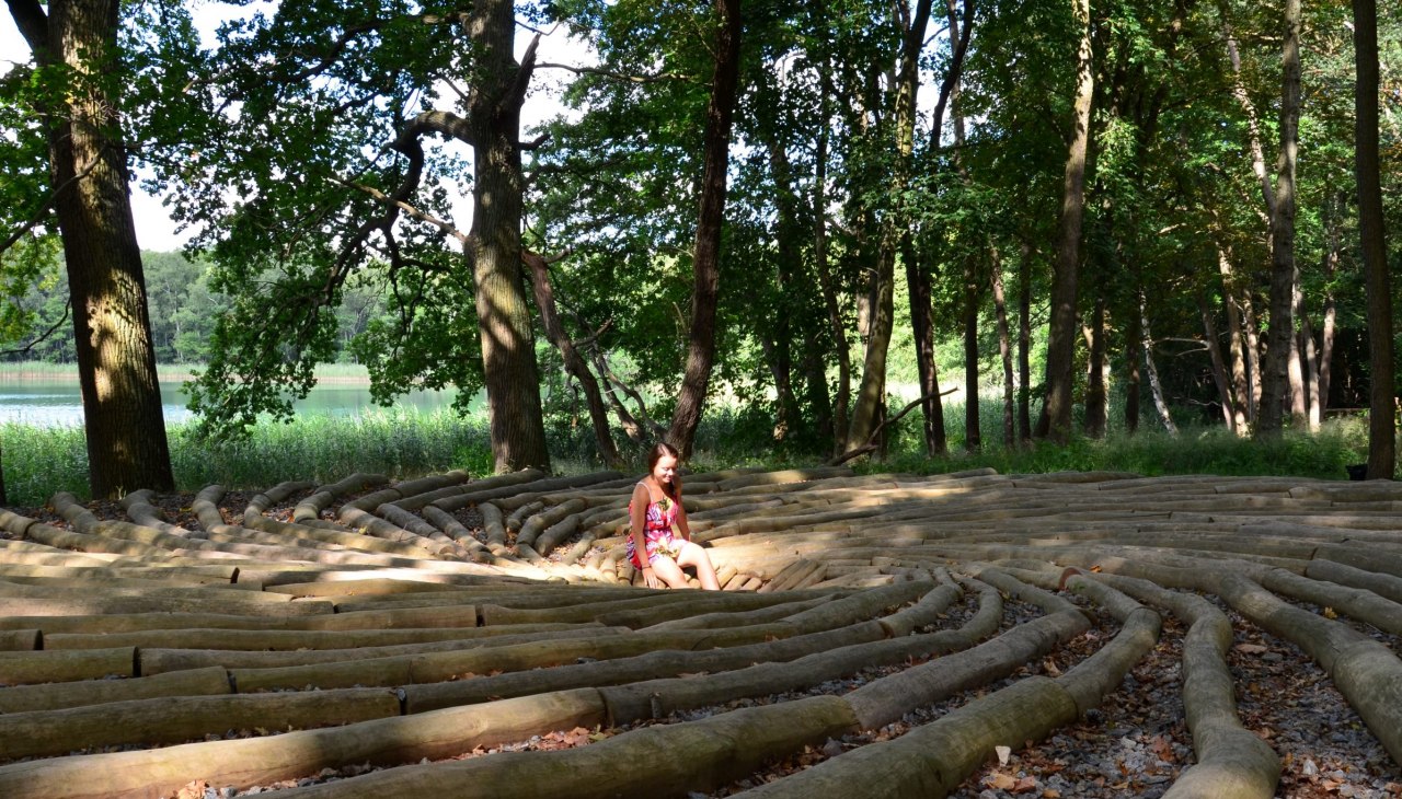 De boomstam vortex nodigt je uit om je eigen weg naar het centrum te vinden, © Kurverwaltung Feldberger Seenlandschaft De boomstam vortex nodigt je uit om je eigen weg naar het centrum te vinden, © Kurverwaltung Feldberger Seenlandschaft