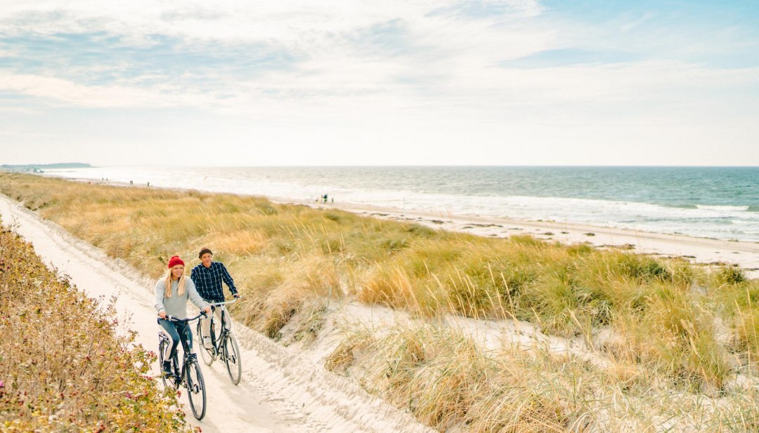 A leisurely cycle tour along the picturesque dunes on the island of Hiddensee, with a view of the Baltic Sea in the background. // © MV-T/Petermann A leisurely cycle tour along the picturesque dunes on the island of Hiddensee, with a view of the Baltic Sea in the background.