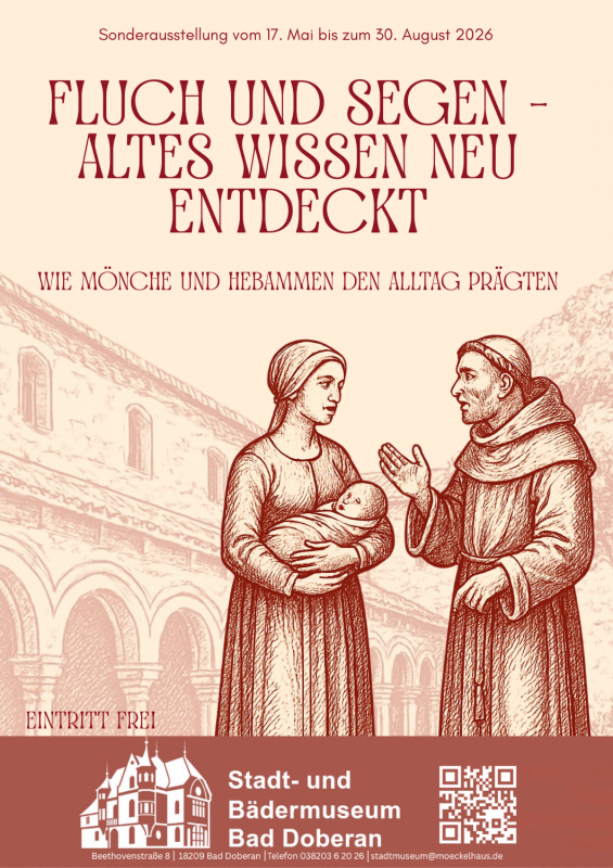 A monk and a midwife with a baby in their arms are engaged in a conversation. // © Stadt- und Bädermuseum Bad Doberan A monk and a midwife with a baby in their arms are engaged in a conversation. // © Stadt- und Bädermuseum Bad Doberan
