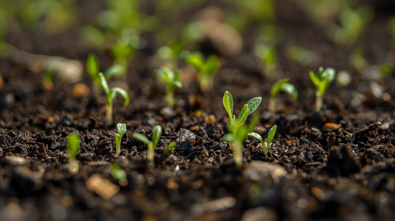kleine scheuten groeien uit donkerbruine bovengrond, &copy; Unterst&uuml;tzung durch KI
