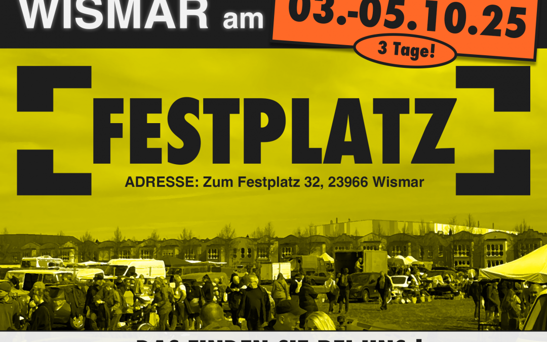 Adres: Zum Festplatz 32, 23966 WismarKleintarieven:Vlooienmarktartikelen/handwerk : 8 €/meterNieuwe artikelen (beperkt) : 12 €/meterDeelnemersinformatie:Opzet vrijdag vanaf 10:00 uurZaterdag/zon vanaf 6:00 uurDemontage vanaf 16:00 uurBelangrijke opmerkingen:Handelaren die twee dagen op onze markten staan, betalen op de 2e dag van het evenement 1€ per meter minder.We kunnen aan de hand van de kassabon nagaan wie er op beide dagen van het evenement deelneemt., © Lennard Kuhring