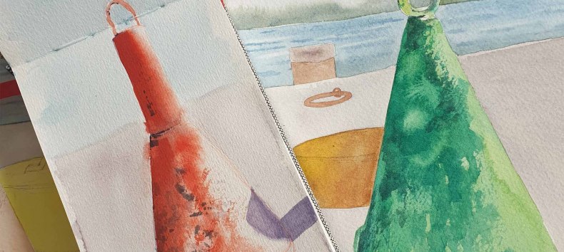 Buhnen am Hafen von Stralsund gemalt mit Aquarellfarben // &copy; Kristin Tessen