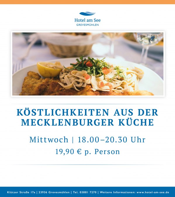 Rustically prepared regional specialties from Mecklenburg, e.g. fish, meat and fresh side dishes, appetizingly presented., © spreepiraten® Rustically prepared regional specialties from Mecklenburg, e.g. fish, meat and fresh side dishes, appetizingly presented., © spreepiraten®