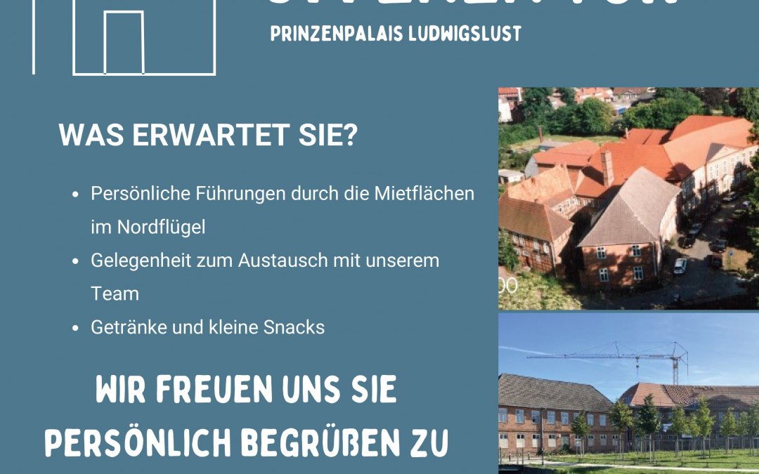 Tag der offenen Tür Plakat A4 mit Fotos und grafische Elementen in gelb und blau Farben (2), © Vewoba Wohnungsbaugesellschaft Ludwigslust mbH