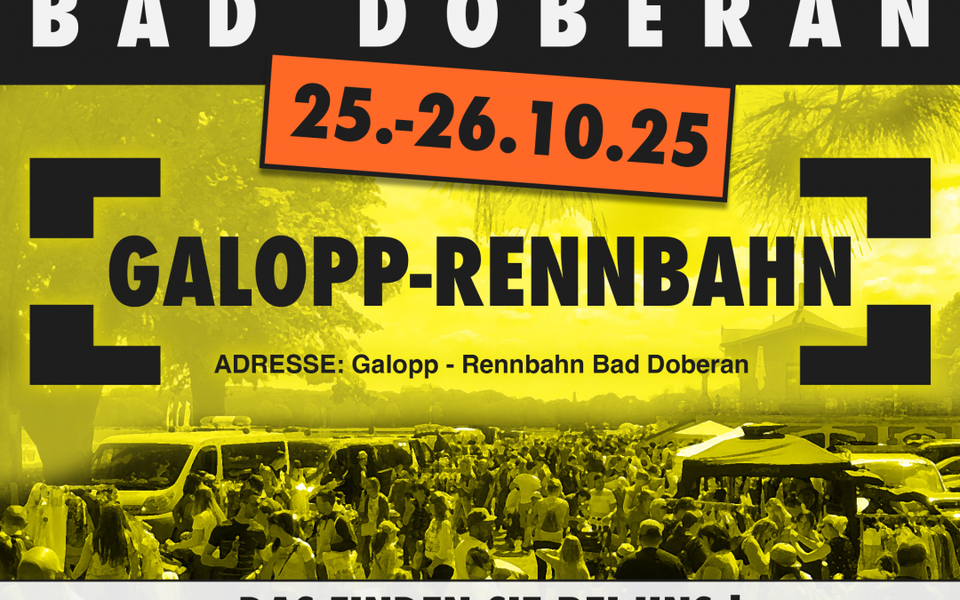 Adres: Galopp - Rennbahn Bad DoberanKraamkosten:Rommelgoederen/handwerk : 8 €/meterNieuwe goederen (beperkt) : 12 €/meterDealer informatie:Opzet vrijdag vanaf 12:00 uur.Opzet za/zo vanaf 6:00 uur.Opzet vanaf 16:00 uur.BELANGRIJKE OPMERKINGEN:Handelaars die twee dagen op onze markten staan, betalen op de 2e dag van het evenement 1€ per meter minder.We kunnen aan de hand van de kassabon nagaan wie er op beide dagen van het evenement deelneemt., © Lennard Kuhring