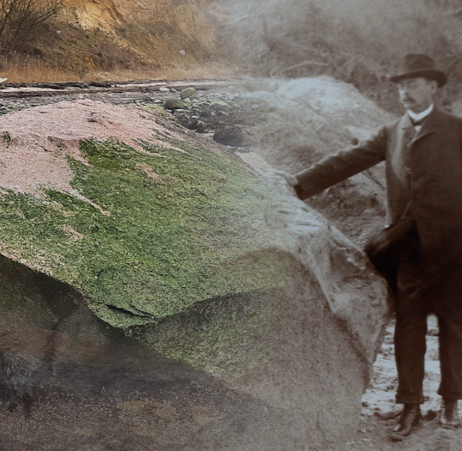 Fotocollage van een oude foto van Eugen Geinitz op een rotsblok met een moderne foto., © Müritzeum