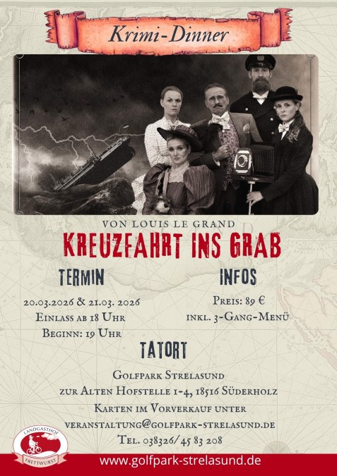 Flyer Crime Dinner Cruise in the Strelasund Golf Park including three-course menu with technical data, &copy; Golfpark Strelasund