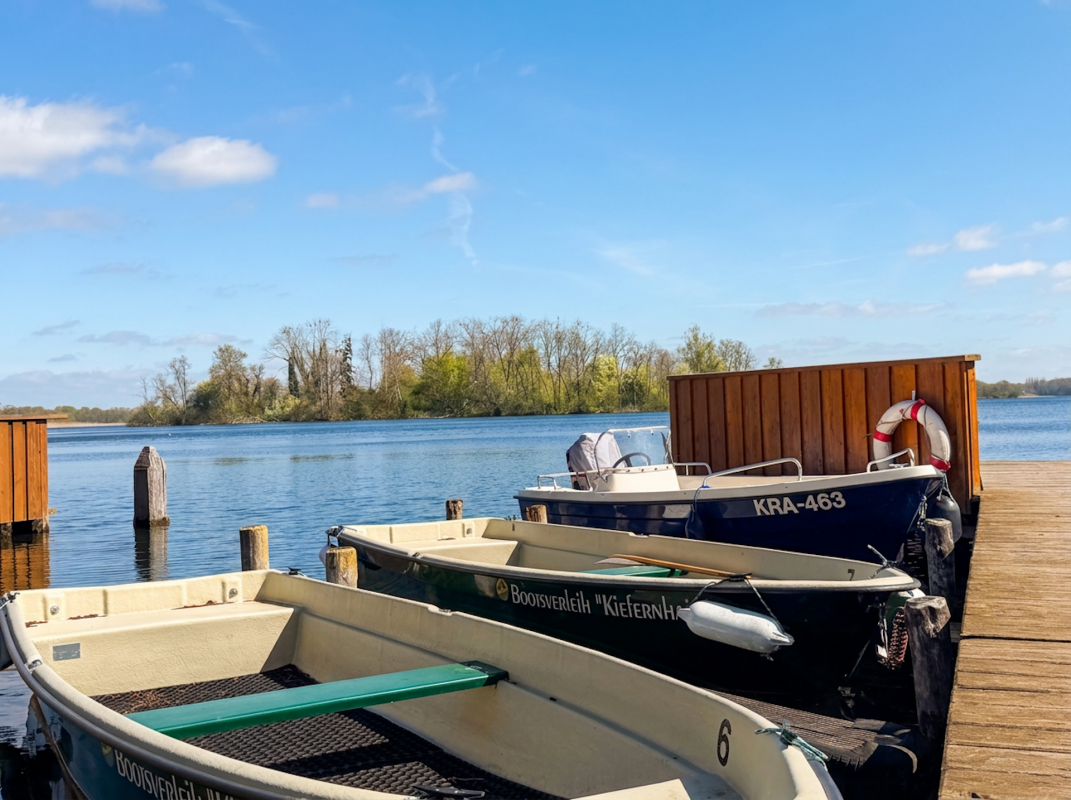 Een rij roeiboten en een motorboot van de bootverhuur van het vakantiepark Kiefernhain aan de houten aanlegsteiger, op de achtergrond het Krakower Meer met groene oevers onder een blauwe hemel. // © Feriensiedlung Kiefernhain Een rij roeiboten en een motorboot van de bootverhuur van het vakantiepark Kiefernhain aan de houten aanlegsteiger, op de achtergrond het Krakower Meer met groene oevers onder een blauwe hemel. // © Feriensiedlung Kiefernhain