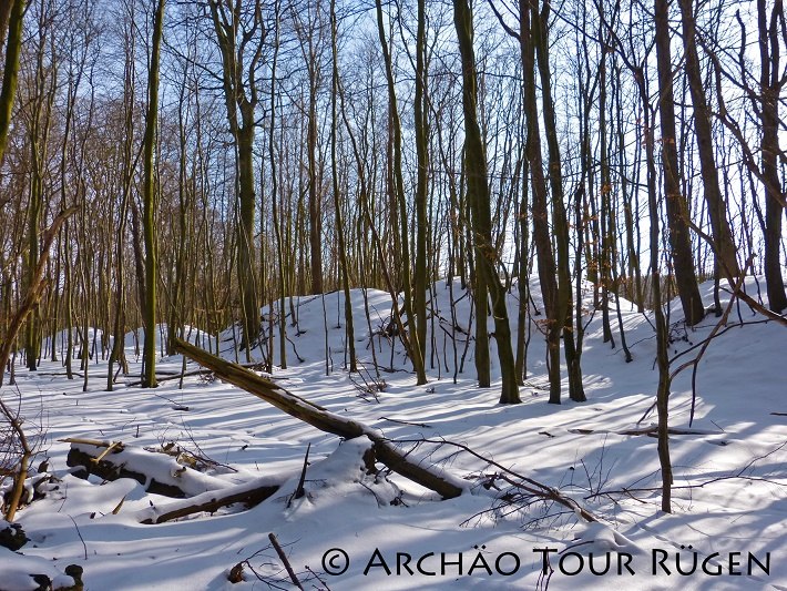 Uitzicht op de besneeuwde kasteelheuvel van de stadswallen van Sassnitz, © Archäo Tour Rügen