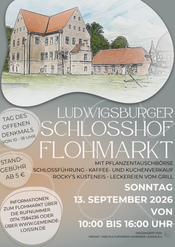 Flyer van de rommelmarkt op het kasteelplein van Ludwigsburg // © Heimat- und Kulturverein Gemeinde Loissin e.V. Flyer van de rommelmarkt op het kasteelplein van Ludwigsburg // © Heimat- und Kulturverein Gemeinde Loissin e.V.