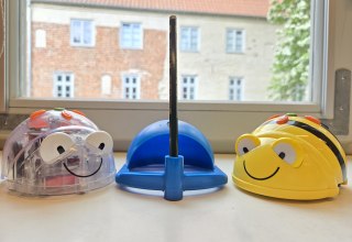 ein Bluebot in der Mitte und zwei Beebots daneben auf dem Fensterbrett der Stadtbibliothek // &copy; Stadtbibliothek Stralsund