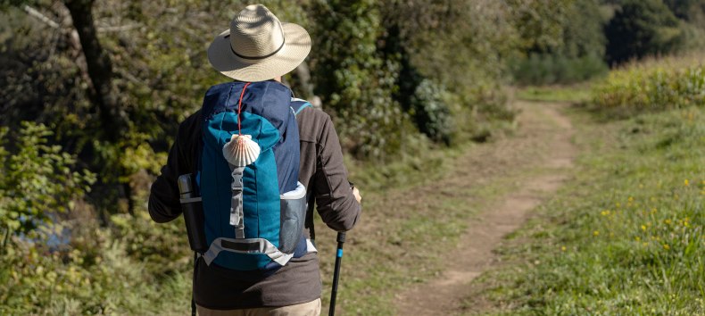 View from behind of a pilgrim walking on his way to Santiago de Compostela on a rural way. Way of saint james, Camino de Santiago, &copy; Formatoriginal AdobeStock
