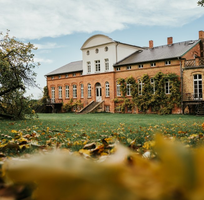 Brick manor house with vineyards and open staircase in an autumnal park landscape in Western Pomerania under a slightly cloudy sky.