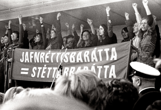 Frauen auf einer Bühne protestieren mit Banner und erhobener Faust // © RiseAndShineCinema Frauen auf einer Bühne protestieren mit Banner und erhobener Faust // © RiseAndShineCinema