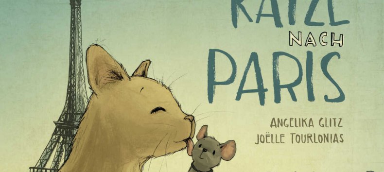 A cat licks a mouse in a friendly manner. The Eiffel Tower and the roofs of the city of Paris can be seen in the background., &copy; Stadtbibliothek Stralsund