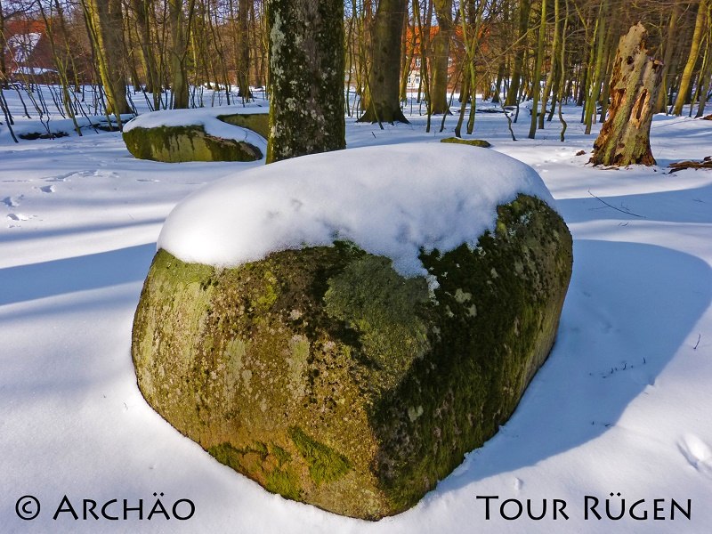 de offerstenen bij de Werder boswachtershut in het besneeuwde bos van Stubnitz, © Archäo Tour Rügen