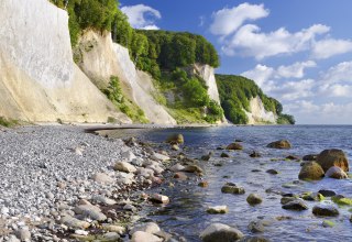 Okrągłe kamienie wzdłuż plaży, łagodne fale obmywają porośnięte mchem głazy. Białe kredowe klify Parku Narodowego Jasmund g&oacute;rują majestatycznie nad Morzem Bałtyckim, zwieńczone bujną bukową zielenią. Miejsce, w kt&oacute;rym można usłyszeć ciszę i poczuć siłę natury. // &copy; Francesco Carovillano