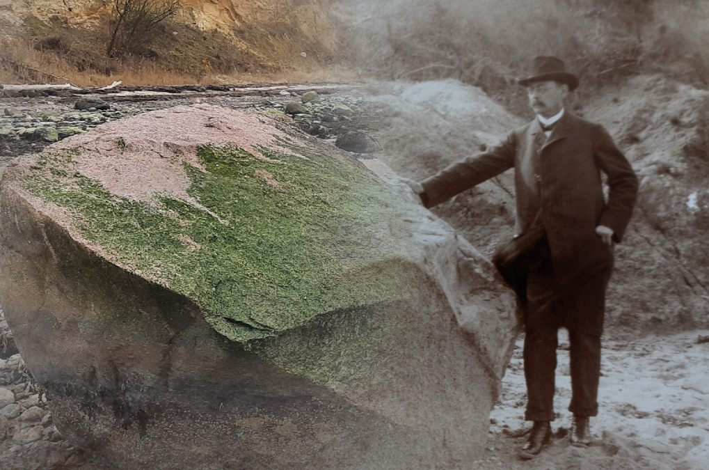 Fotocollage van een oude foto van Eugen Geinitz op een rotsblok met een moderne foto., © Müritzeum