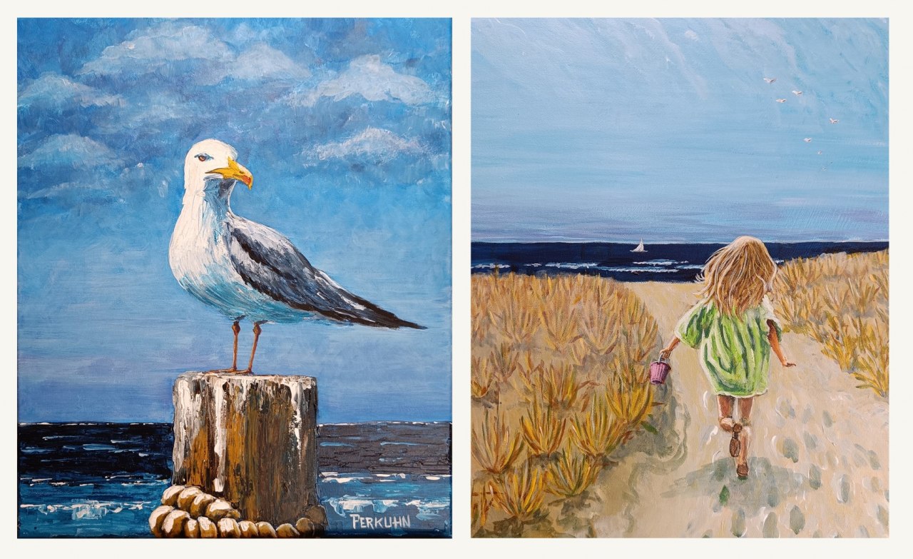 dwa ręcznie malowane obrazy akrylowe na pł&oacute;tnie, "Mewa na słupie obserwacyjnym" i "Dziewczyna w drodze na plażę". // &copy; Ren&eacute; Perkuhn
