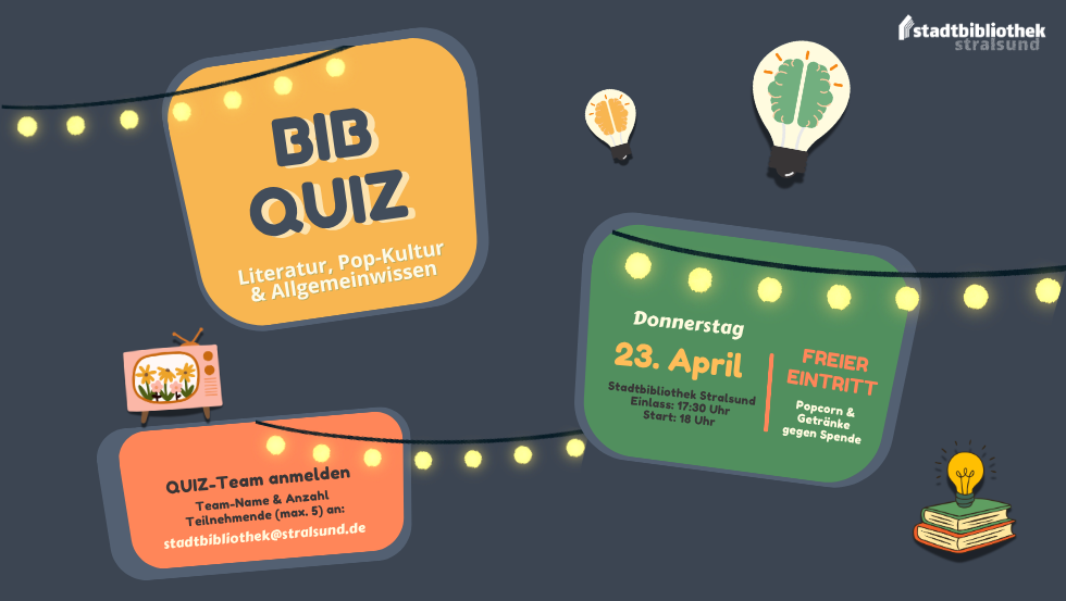 Na ciemnoszarym tle znajdują się trzy banery na sznurze świateł, ż&oacute;łty, zielony i pomarańczowy z danymi do BiB QUIZ. // &copy; Stadtbibliothek Stralsund, Canva