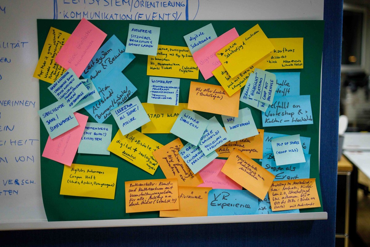 A Metaplan board with sticky notes from a workshop at InnovationPort Wismar // © InnovationPort Wismar A Metaplan board with sticky notes from a workshop at InnovationPort Wismar // © InnovationPort Wismar
