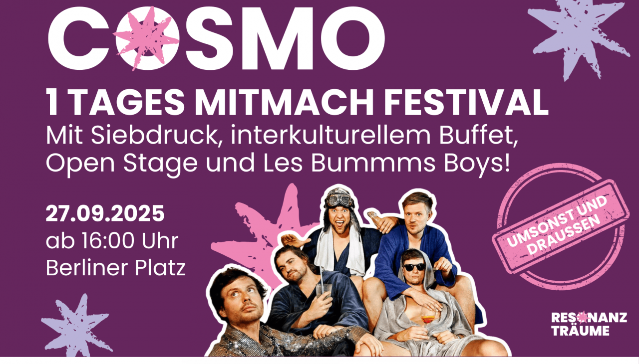 COSMO - The 1-day join-in festival on 27.09.2025 from 4 p.m. on Berliner Platz is part of this year's democracy conference "Resonance Spaces" of the Schwerin Partnership for Democracy and the Intercultural Week., © PfD Schwerin