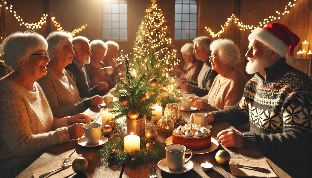 DALL·E 2025-10-09 08.17.53 - A cozy and festive Christmas party for seniors taking place in a warmly lit community hall. Elderly people sit around tables decorated with candles, e Kopie, © DALL-E