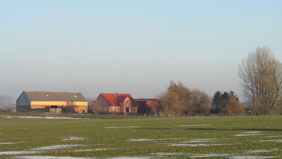 De Gänsehof ligt aan de oostelijke rand van het dorp Ladenthin. De twee grote bakken en veldstenen schuren zijn niet over het hoofd te zien., © Grüner Gänsehof