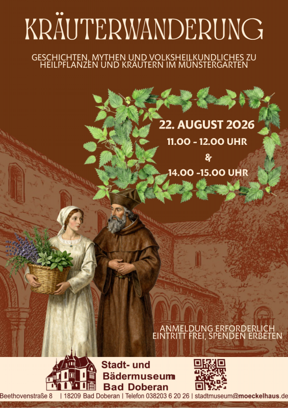 Mnich i położna z koszykiem ziołowym na ramieniu są pochłonięci rozmową. // © Stadt- und Bädermuseum Bad Doberan Mnich i położna z koszykiem ziołowym na ramieniu są pochłonięci rozmową. // © Stadt- und Bädermuseum Bad Doberan