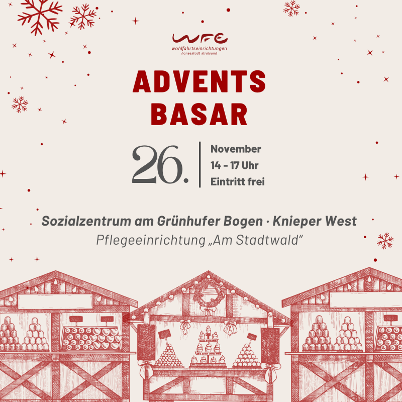 Plakat til adventsbasaren i socialcentret ved Gr&uuml;nhufer Bogen med juleagtige illustrationer af markedsboder og snefnug samt oplysninger om dato, klokkesl&aelig;t og sted. // &copy; Claudia Zemke