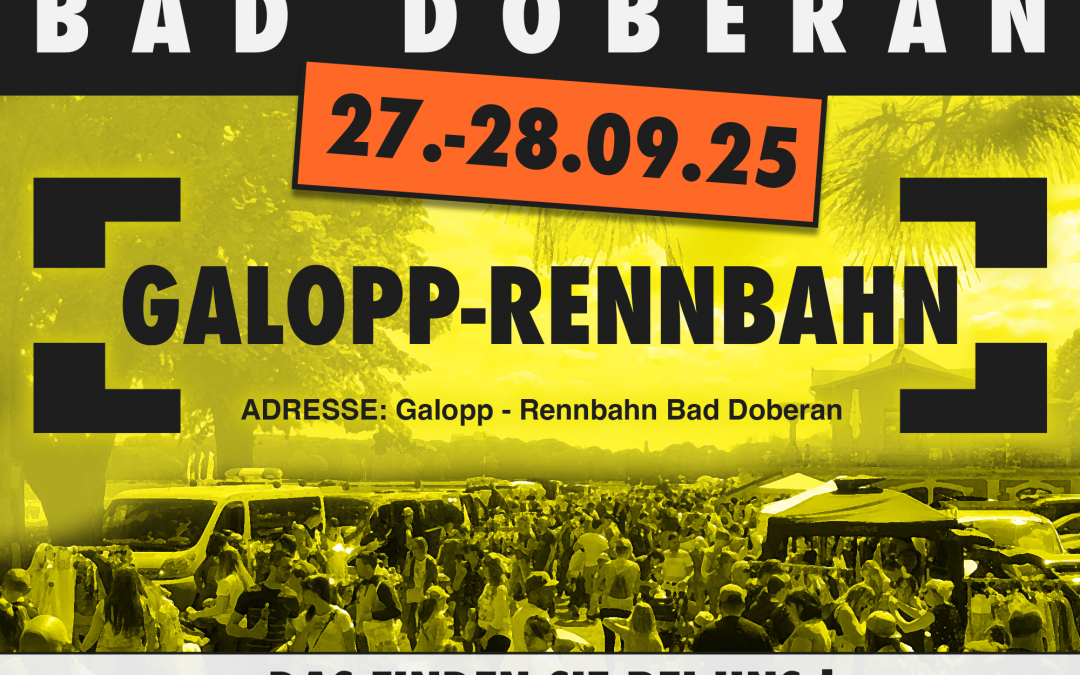 Adres: Galopp - Rennbahn Bad DoberanKraamkosten:Rommelgoederen/handwerk : 8 €/meterNieuwe goederen (beperkt) : 12 €/meterDealer informatie:Opzetten vrijdag vanaf 12:00 uurZaterdag/zon vanaf 6:00 uurOntmantelen vanaf 16:00 uurBelangrijke opmerkingen:Handelaars die twee dagen op onze markten staan, betalen op de 2e dag van het evenement 1€ per meter minder.We kunnen aan de hand van de kassabon volgen wie er op beide dagen van het evenement deelneemt., © Lennard Kuhring