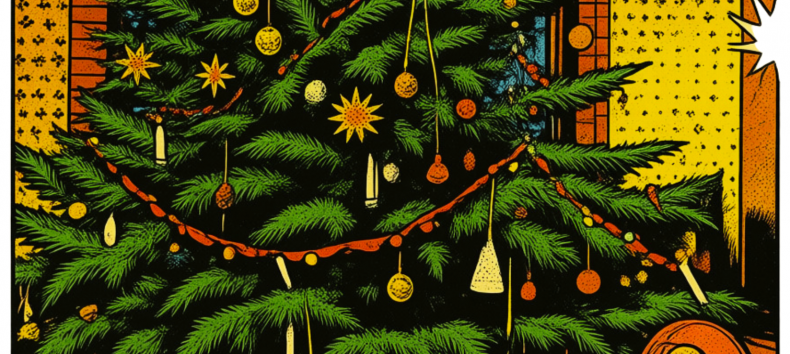 Der Weihnachtsbaum im Festsaal des Möckelhauses im Stil einer Zeichnung aus einem Märchenbuch. // © Stadt- und Bädermuseum Bad Doberan Der Weihnachtsbaum im Festsaal des Möckelhauses im Stil einer Zeichnung aus einem Märchenbuch. // © Stadt- und Bädermuseum Bad Doberan
