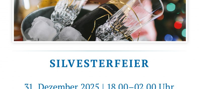 Festlich dekorierter Raum mit Buffet, Getr&auml;nken und glitzernden Silvesterelementen, einladend f&uuml;r Feierlichkeiten. // &copy; spreepiraten&reg;