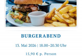 Świeżo przygotowany burger z soczystym pasztecikiem, chrupiącą bułką, sałatką i sosem, podawany ze złocistobrązowymi frytkami. // &copy; spreepiraten&reg;