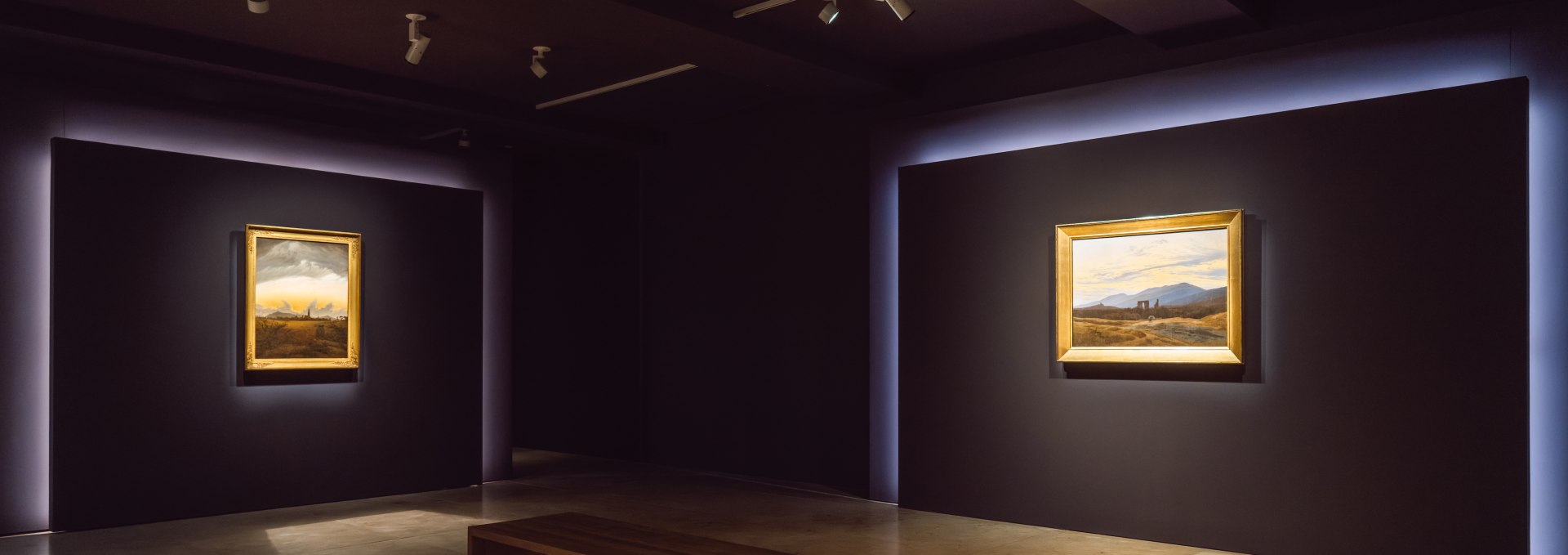 Twee verlichte landschapsschilderijen in een minimalistische tentoonstellingsruimte in het Pommers Staatsmuseum in Greifswald.