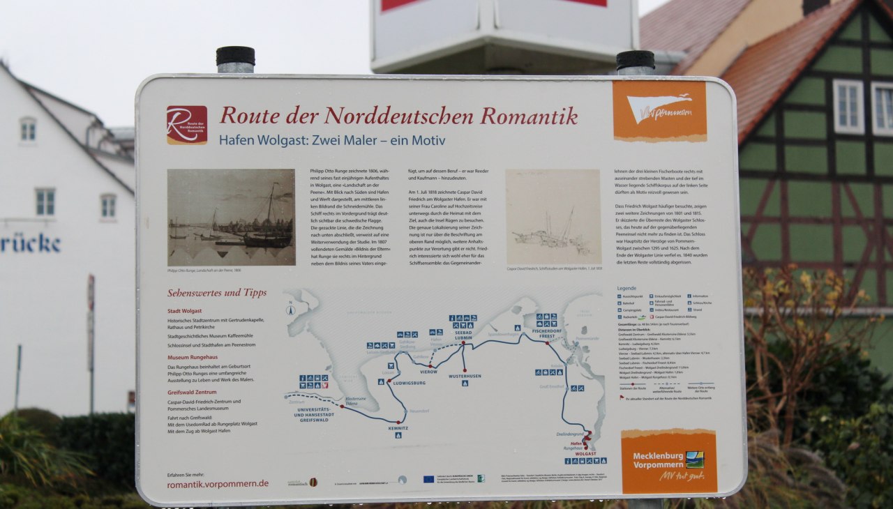 Na Szlaku Północnoniemieckiego Romantyzmu - tablica informacyjna szlaku w porcie Wolgast, © tvv-anne wiegert