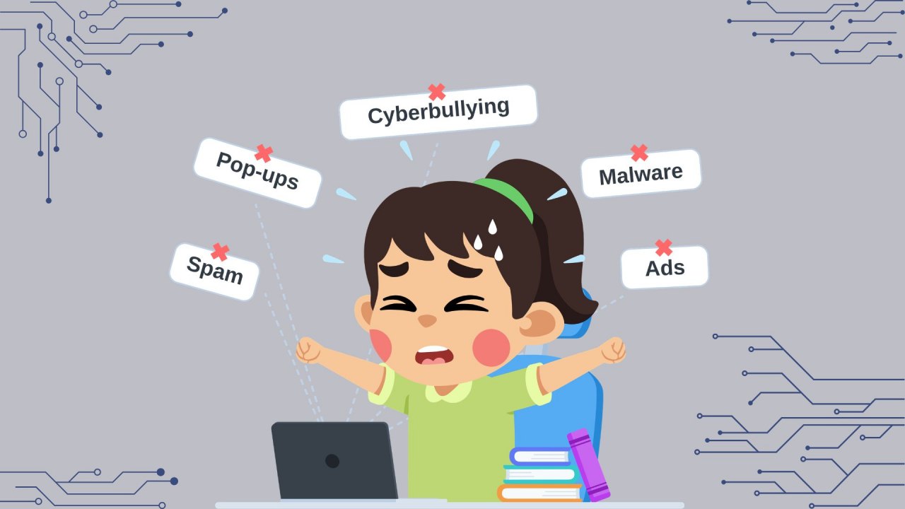 Et barn bliver konfronteret med begreber som »cybermobbing«, »reklame« eller »malware«. Det sidder foran en bærbar computer og ser stresset ud. // © Stadtbibliothek Stralsund Et barn bliver konfronteret med begreber som »cybermobbing«, »reklame« eller »malware«. Det sidder foran en bærbar computer og ser stresset ud. // © Stadtbibliothek Stralsund