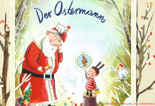 Buchcover - ein Weihnachtsmann steht vor einem Kind mit Hasenohren // &copy; Stadtbibliothek Stralsund